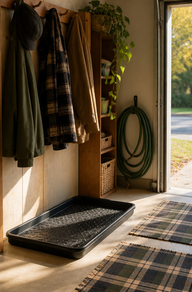 A heavy-duty boot tray by the entryway for muddy footwear.