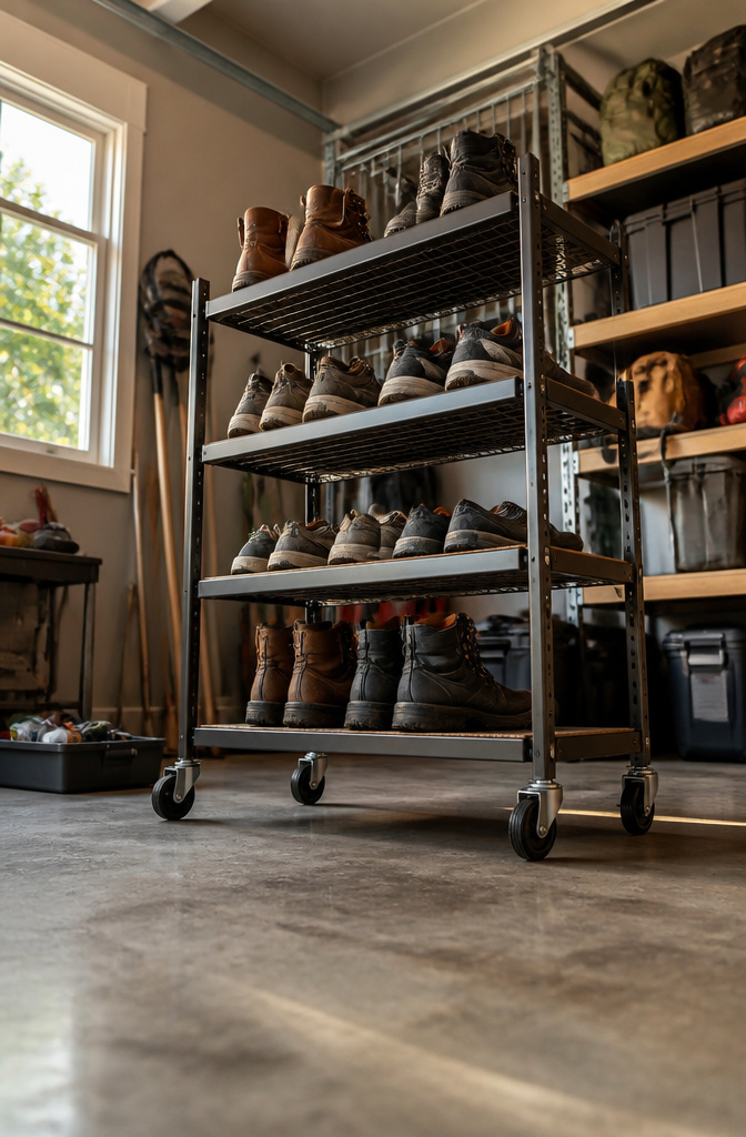 A mobile shoe rack with wheels for easy movement in a garage.