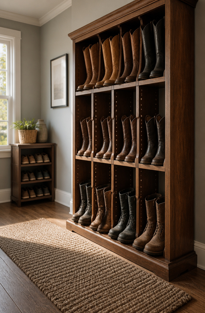 Adjustable boot rack holding different types of work boots.
