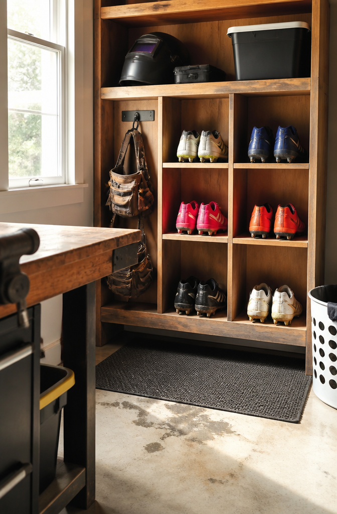 A shelving unit for sports shoes and equipment in a functional layout.