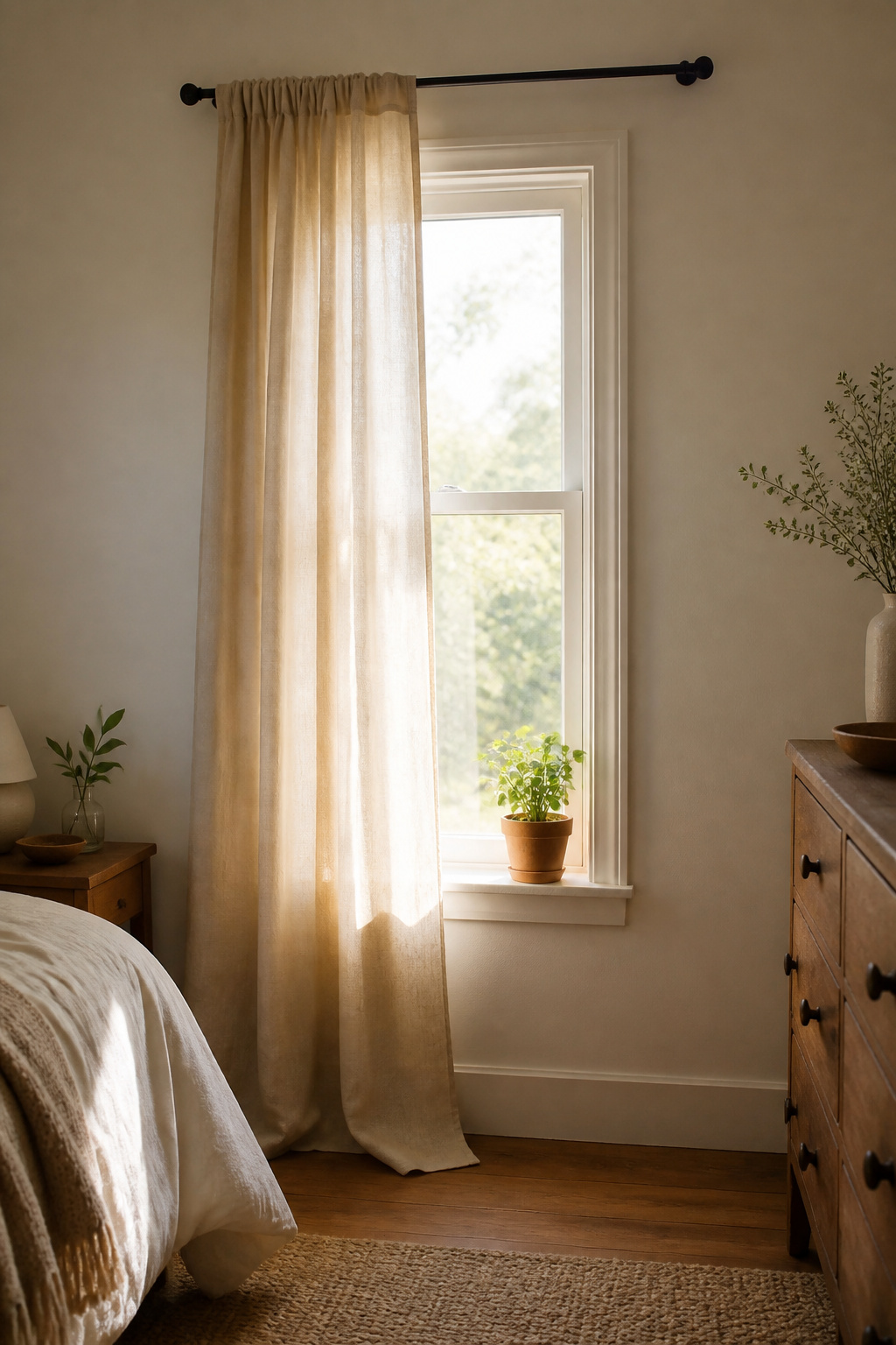 A light beige single curtain panel drapes by a narrow window.