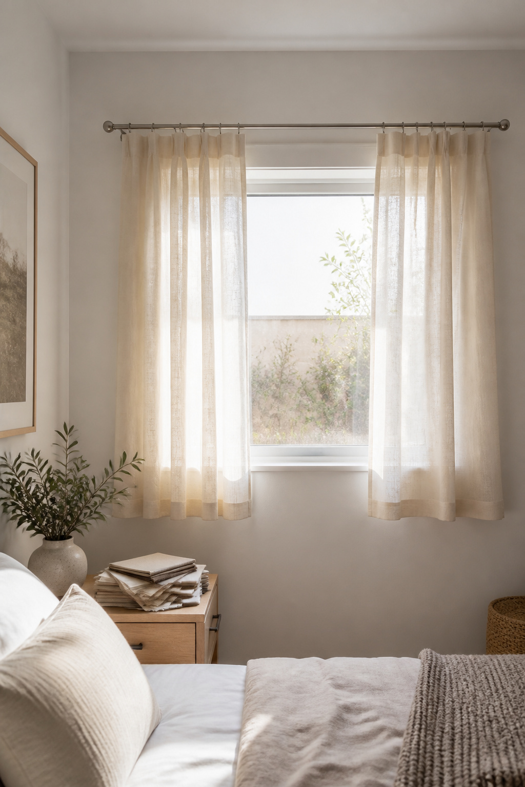 Lightweight cream linen curtains hang at a small window.