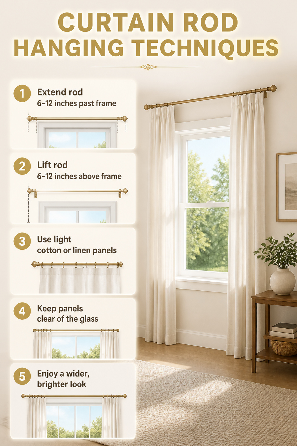 A diagram showing curtain rod hanging techniques for wider windows.