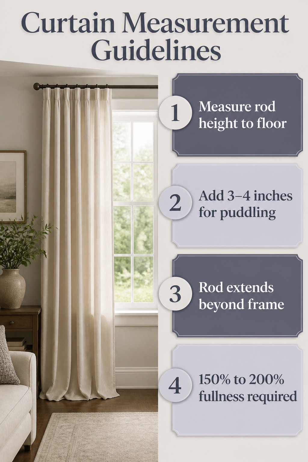 A diagram outlining curtain measurement guidelines for windows.