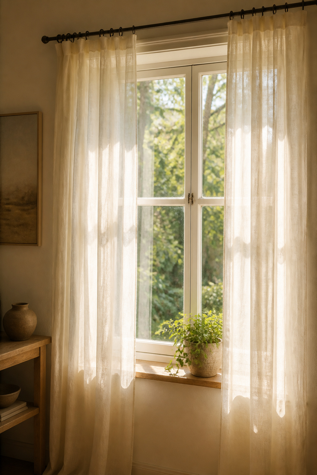 Warm ivory sheer curtains cascade from a tension rod in a cozy room.