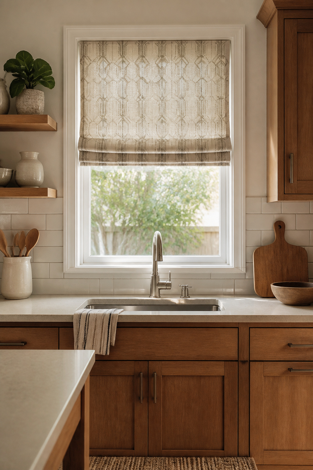 A light cotton blend Roman shade hangs in a small kitchen window.