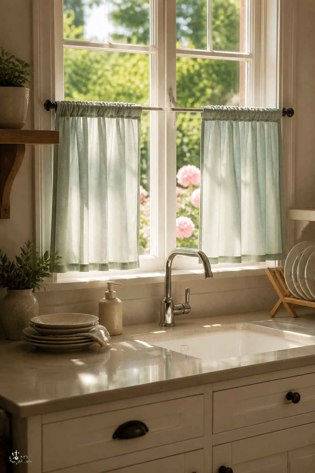 Pastel café curtains hang across the lower half of a kitchen window.