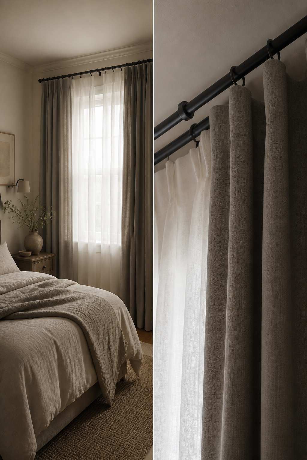 A sheer fabric layered under a heavier drape in a cozy room.