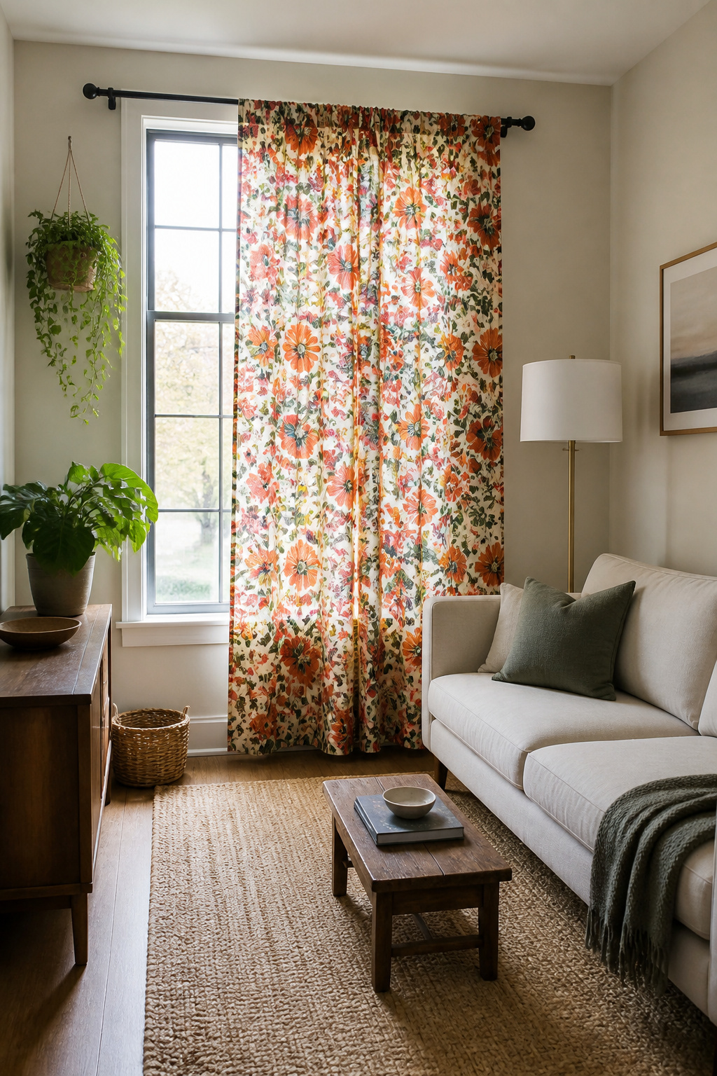 A bold-patterned floral curtain hangs in a small living room window.