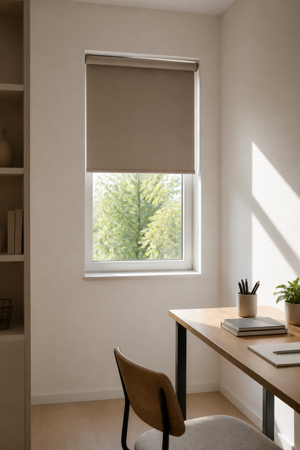 A muted taupe roller blind sits flush against a small window.