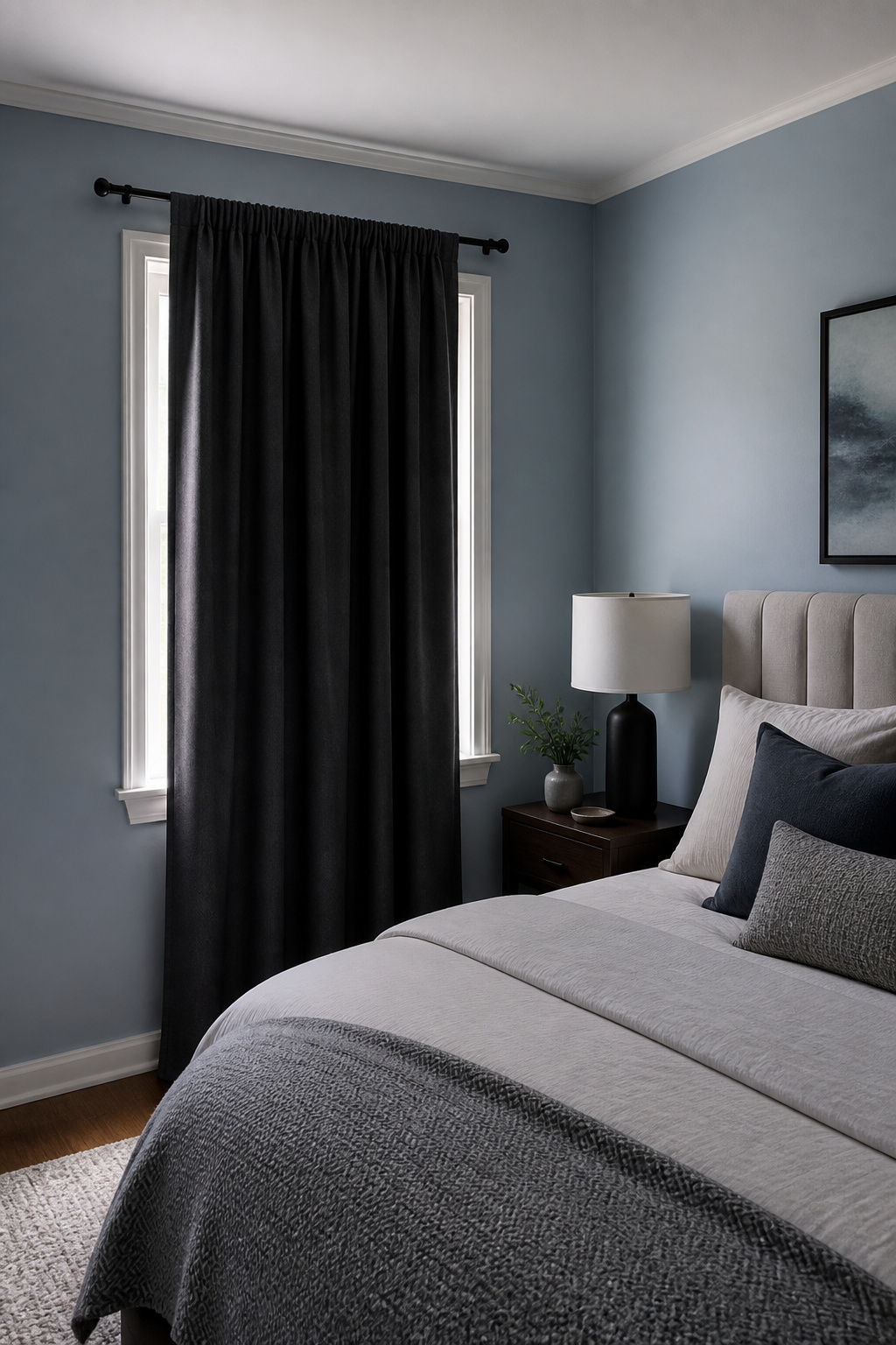 A charcoal blackout curtain drapes over a small bedroom window.