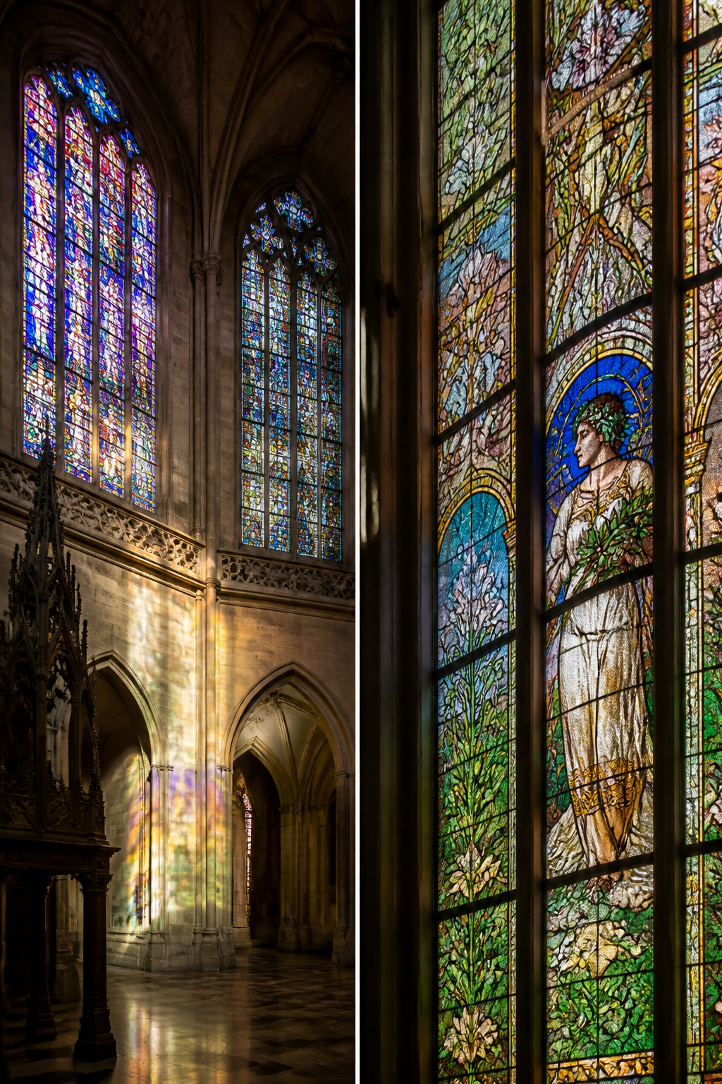 Art Nouveau stained glass panels by Mucha in St. Vitus Cathedral.