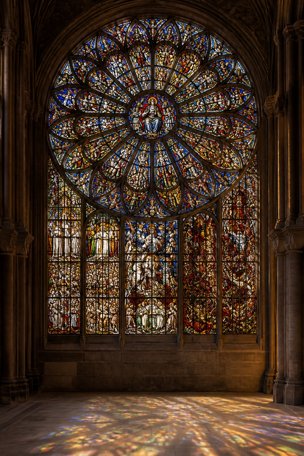 Intricate stained glass window depicting the Last Judgment at Strasbourg Cathedral.