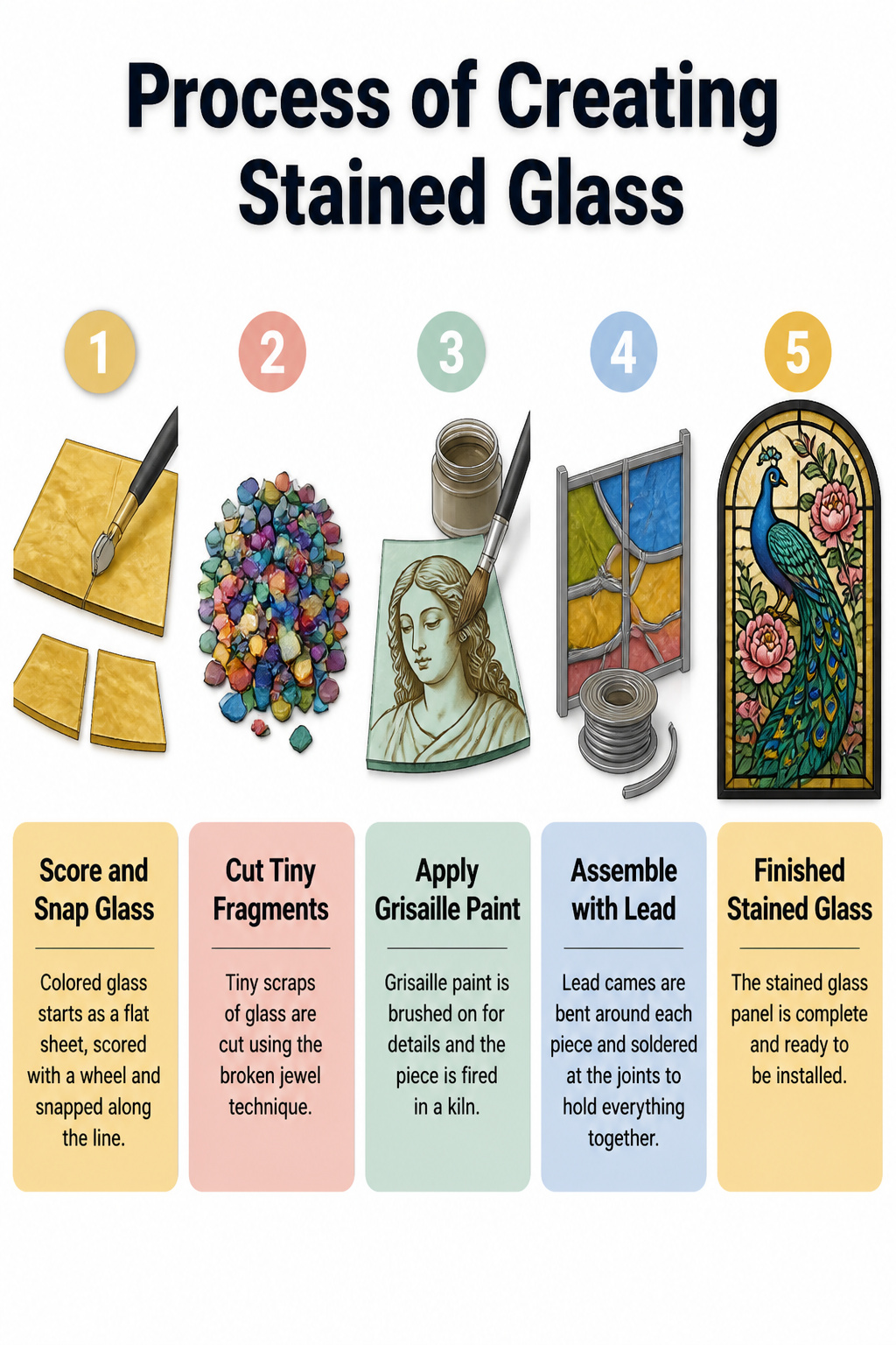 Artisans creating stained glass panels using various techniques.