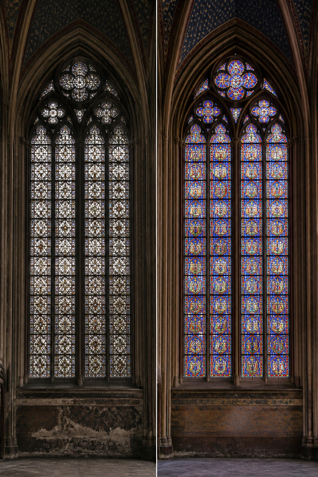 Restored stained glass windows in Sainte-Chapelle shining brightly.