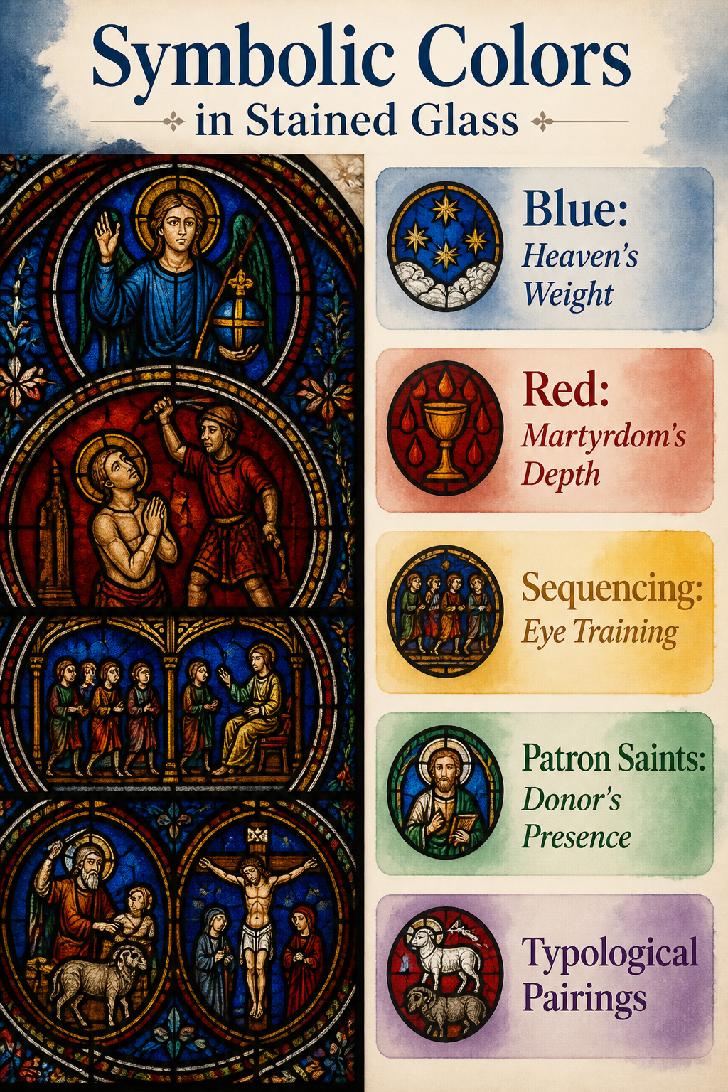 Symbolic colors in stained glass illustrating biblical narratives.