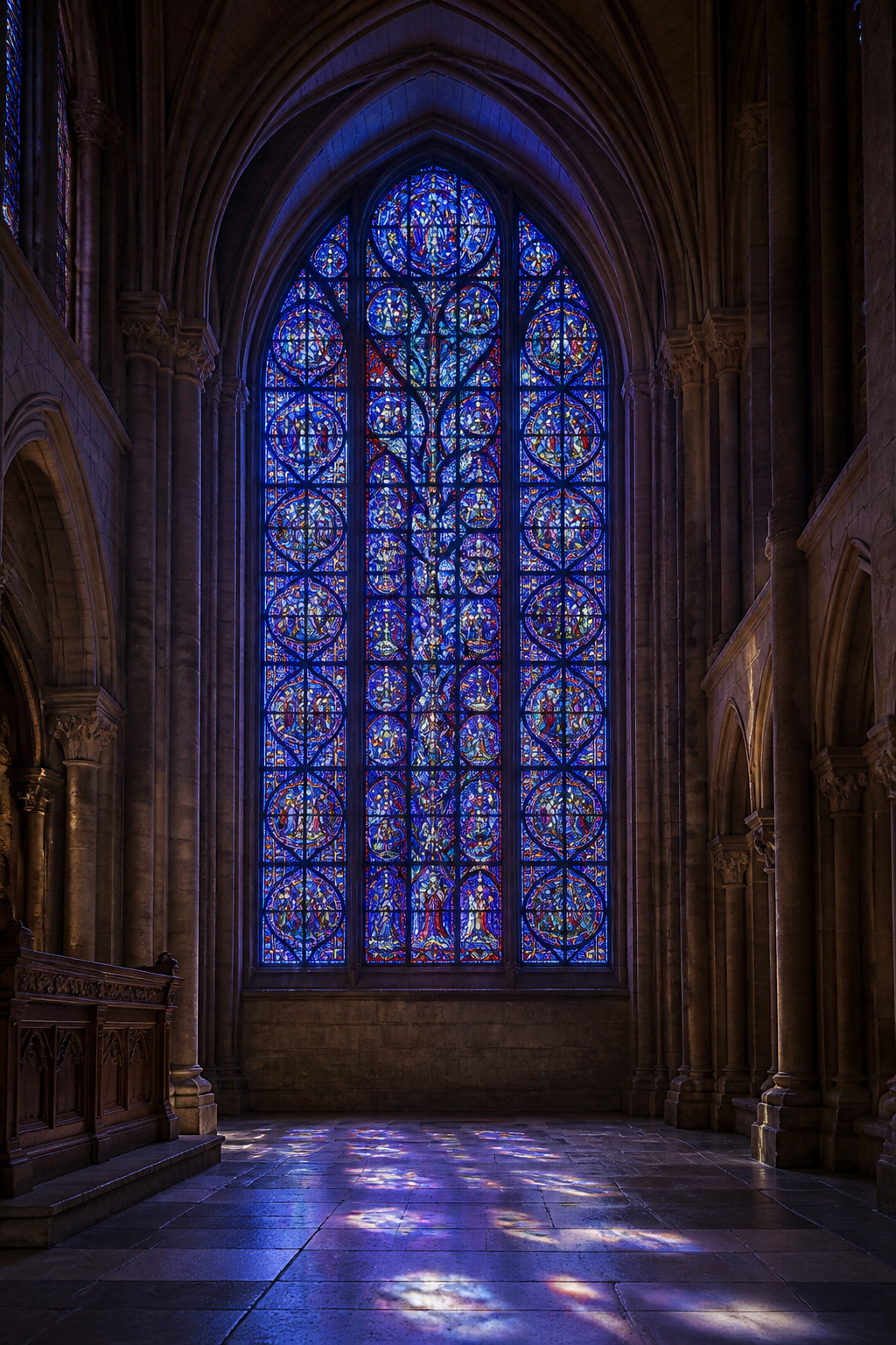 Vibrant blue stained glass windows depicting biblical scenes in Chartres Cathedral.