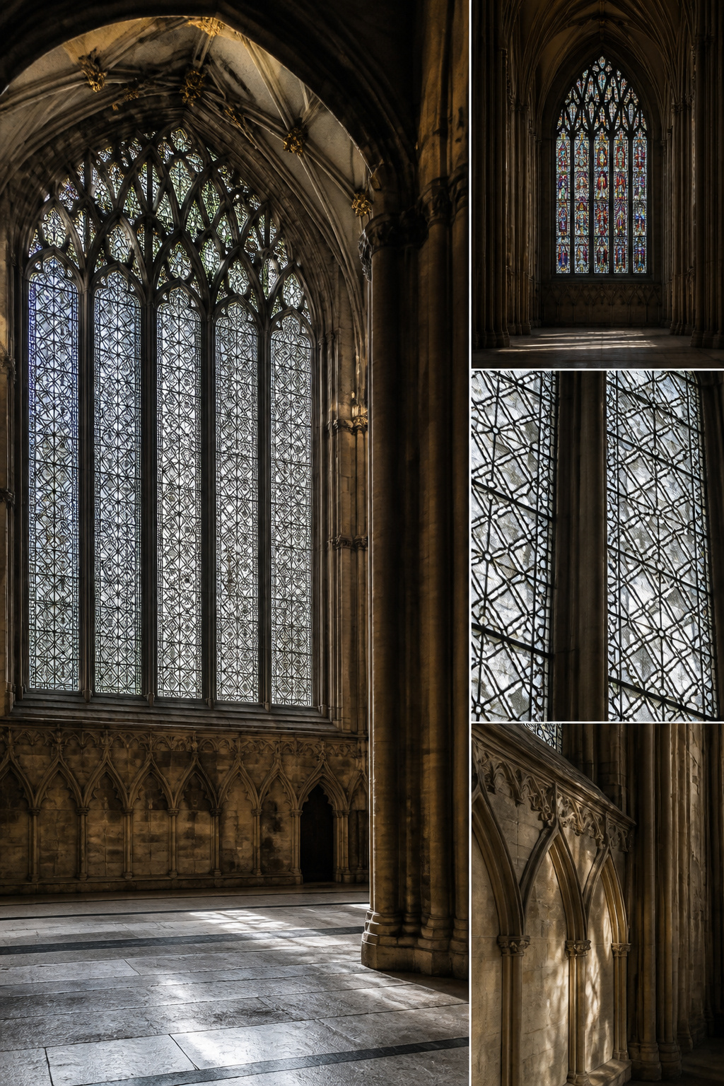 Grisaille stained glass window with geometric designs at York Minster.