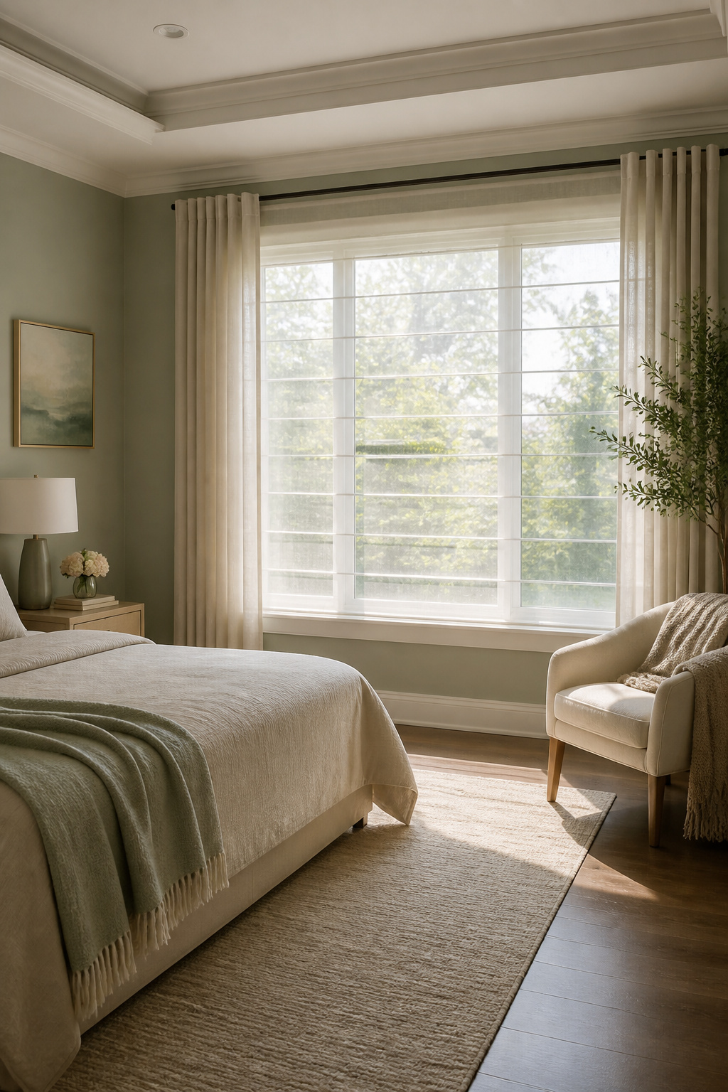 A window with sheer shades allowing diffused light.