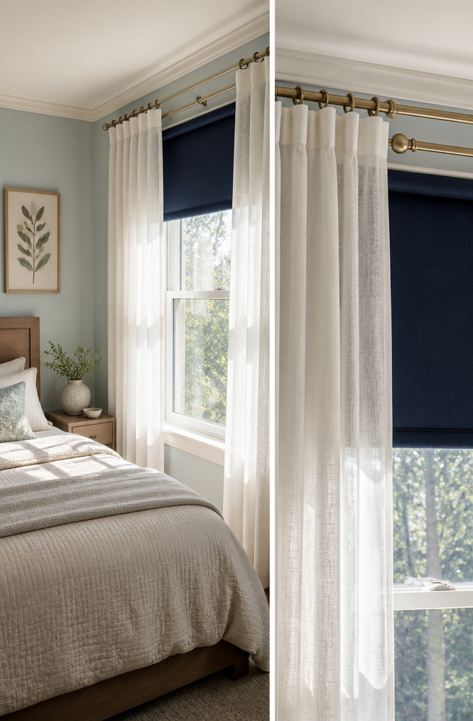 A window with layered shades for light control.