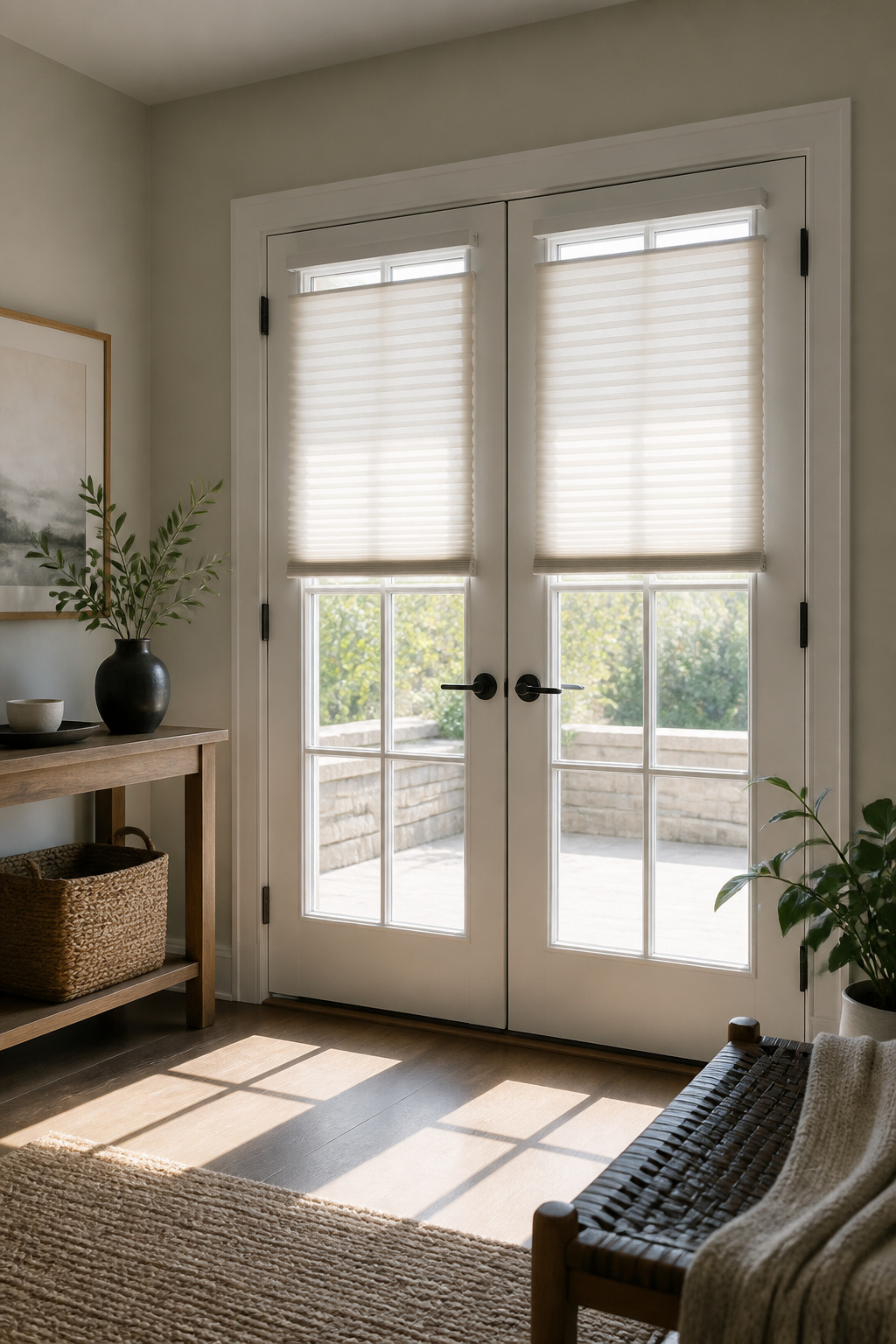 White cordless cellular shades hanging from a stylish French door.