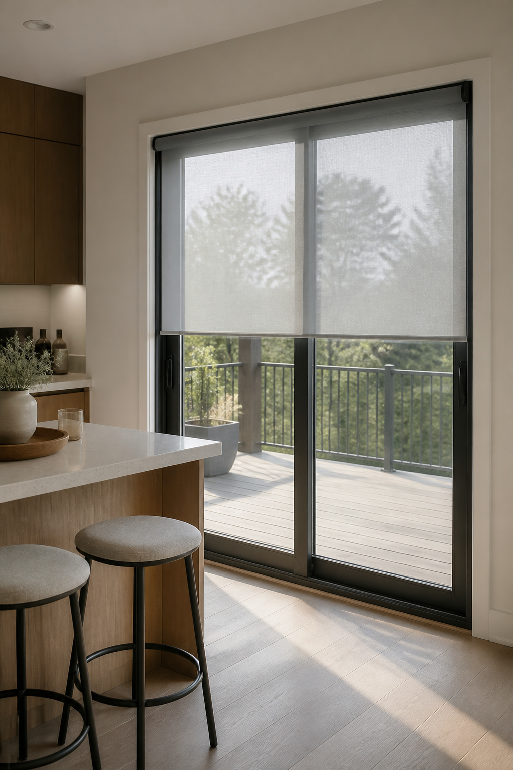 Light gray roller shades on a sleek sliding glass door.
