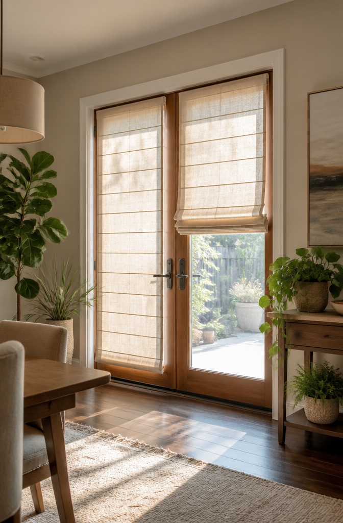 Tailored Roman shades on a pair of French doors in a dining room.