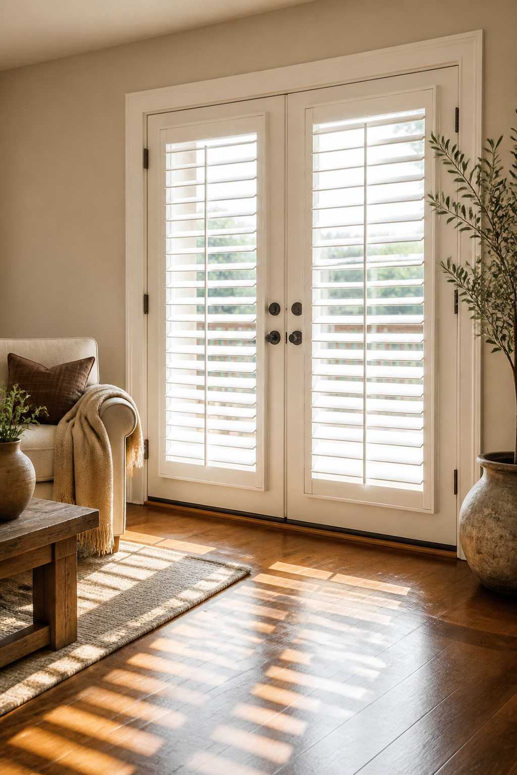 Solid wood plantation shutters mounted on a French door.
