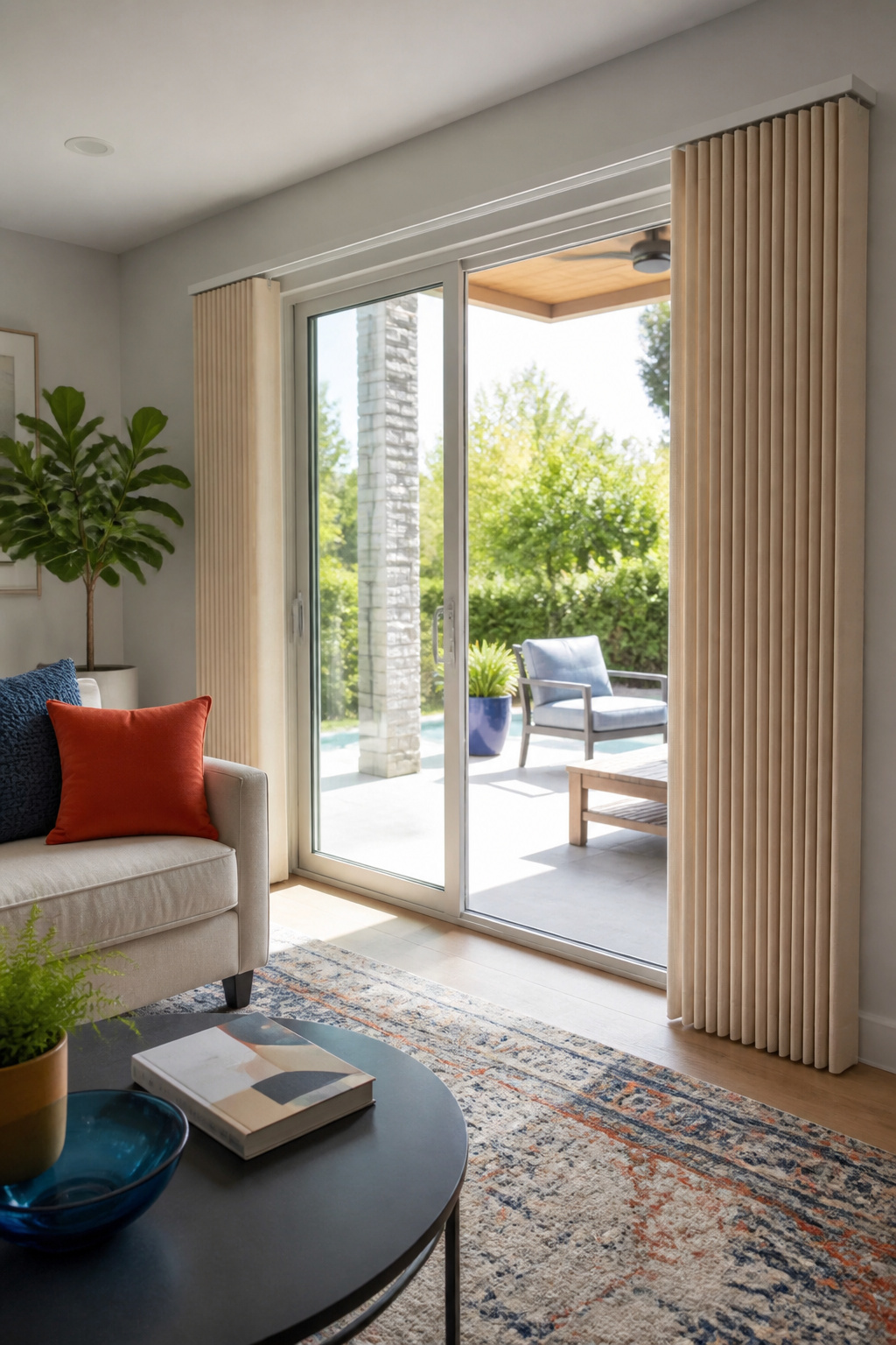Light-filtering vertical cellular shades on a sliding door.