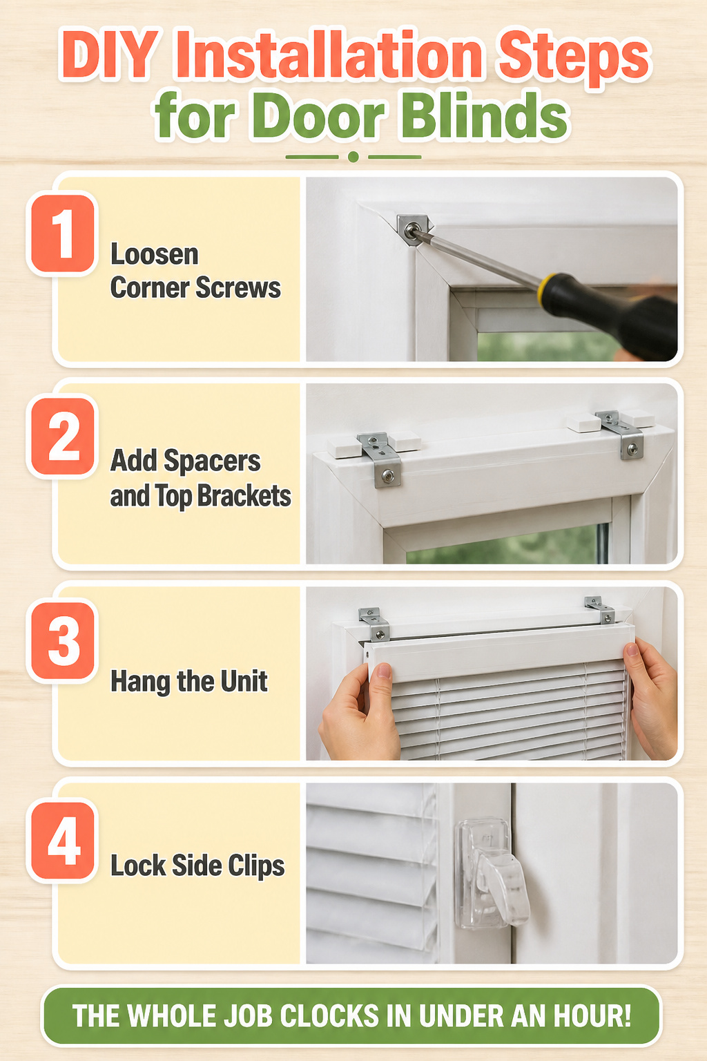 Instructions for installing door blinds using simple tools.