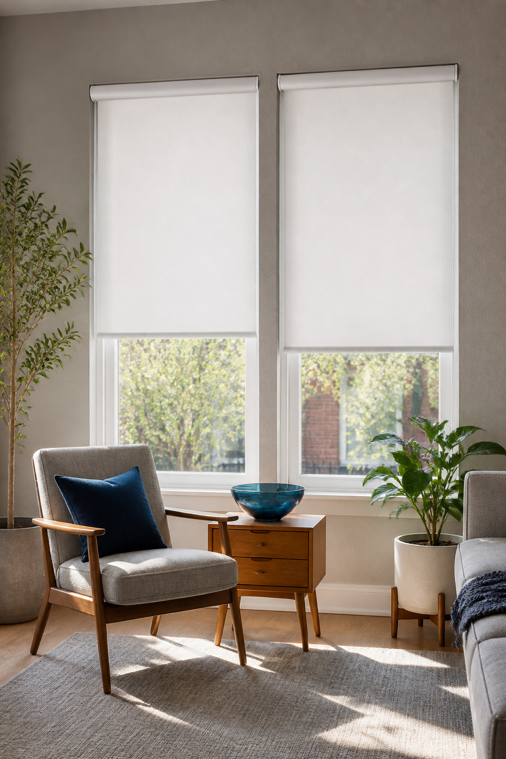 9 Blinds for Windows Ideas for Every Room in 2026 2 Crisp white roller shades fully extended in a modern living room.