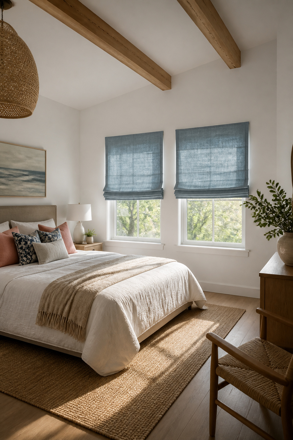 9 Blinds for Windows Ideas for Every Room in 2026 3 Folded fabric stacks of a Roman shade rising in a bright room.