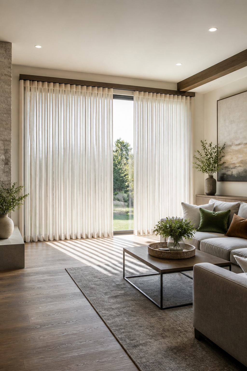 9 Blinds for Windows Ideas for Every Room in 2026 5 Vertical sheers with fabric vanes hanging in a spacious room.
