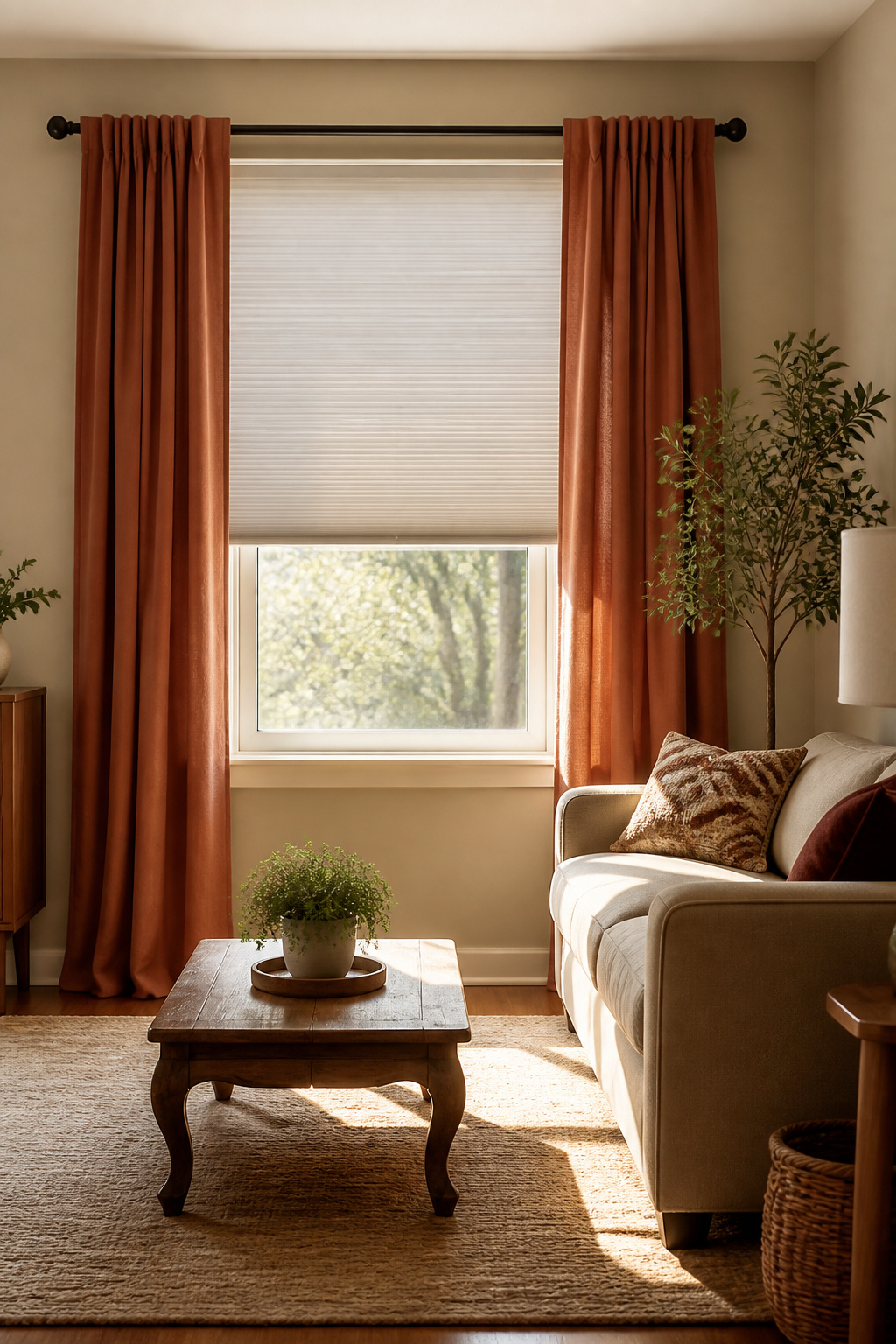 9 Blinds for Windows Ideas for Every Room in 2026 6 Soft terracotta drapery side panels framing a large window.