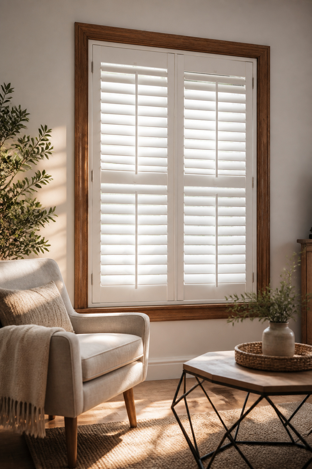 9 Blinds for Windows Ideas for Every Room in 2026 7 Hinged interior shutters with adjustable louvers in a bright room.