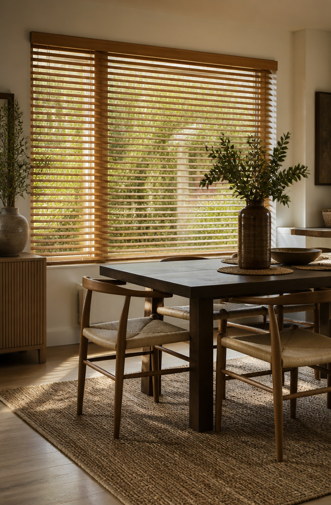 9 Blinds for Windows Ideas for Every Room in 2026 8 Horizontal wood blinds allowing light into a modern dining area.