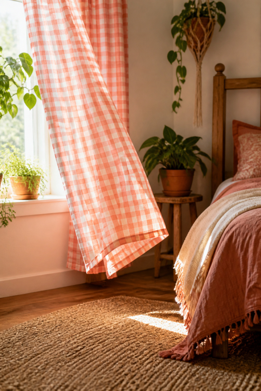 A coral gingham curtain hangs in a boho bedroom with a wooden bed frame.