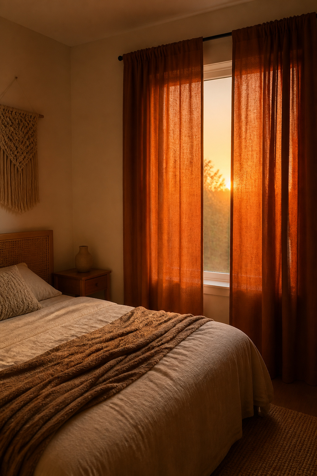 Rust-colored curtains hang in an inviting boho bedroom.
