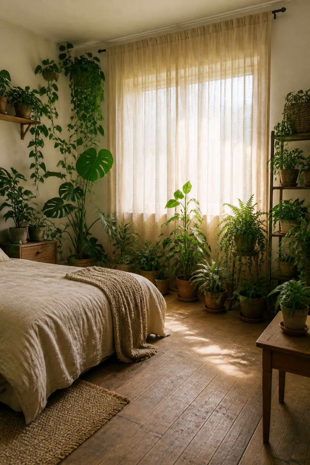 Sheer oat-colored curtains hang in a bedroom filled with plants.
