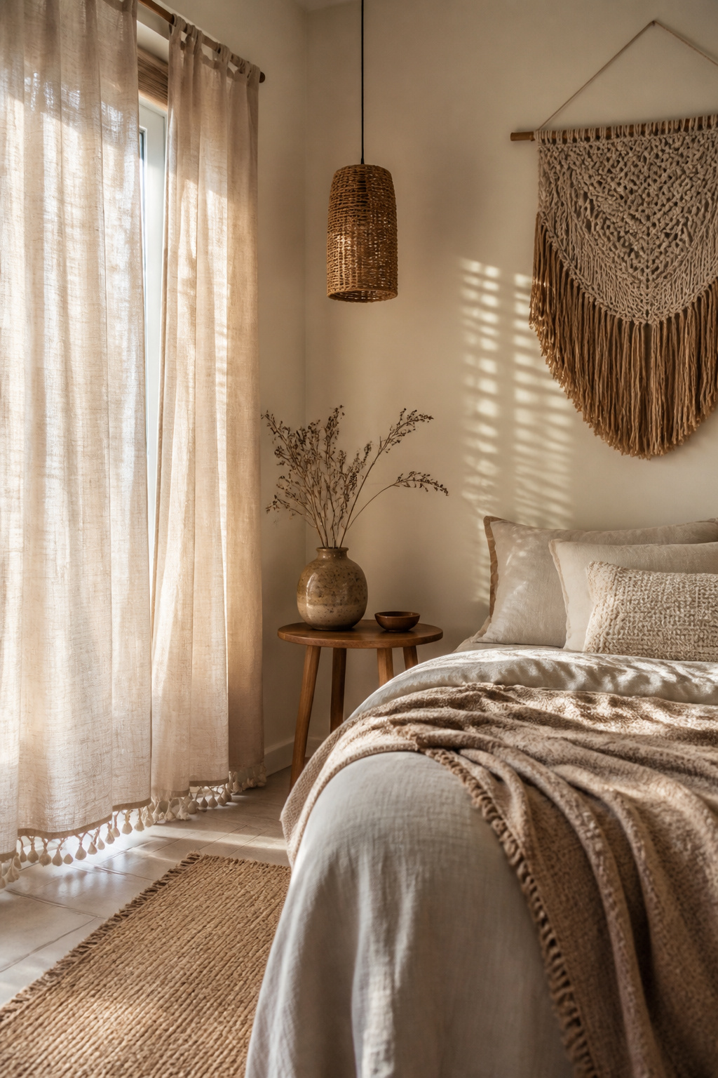 Soft neutral linen curtains hang in a serene boho bedroom.