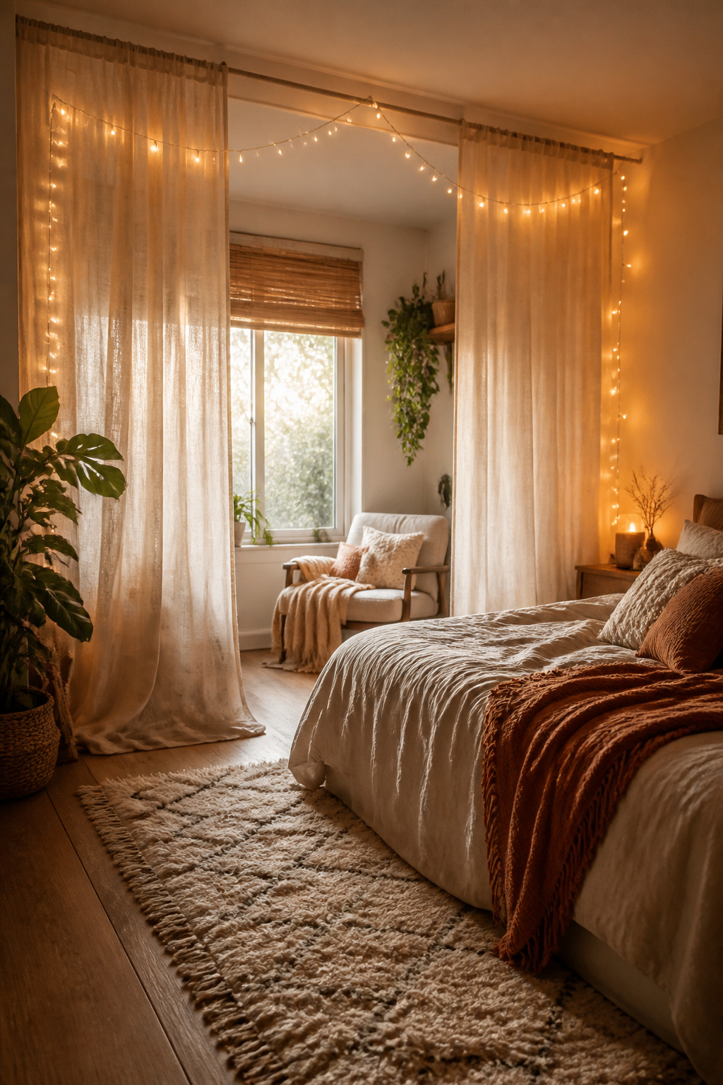 Sheer linen curtains drape near twinkling string lights in a bedroom.