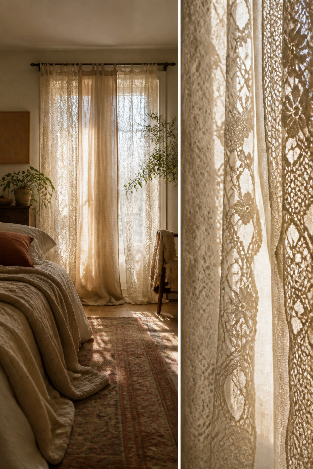 Lace and solid curtains are layered in a boho bedroom window.