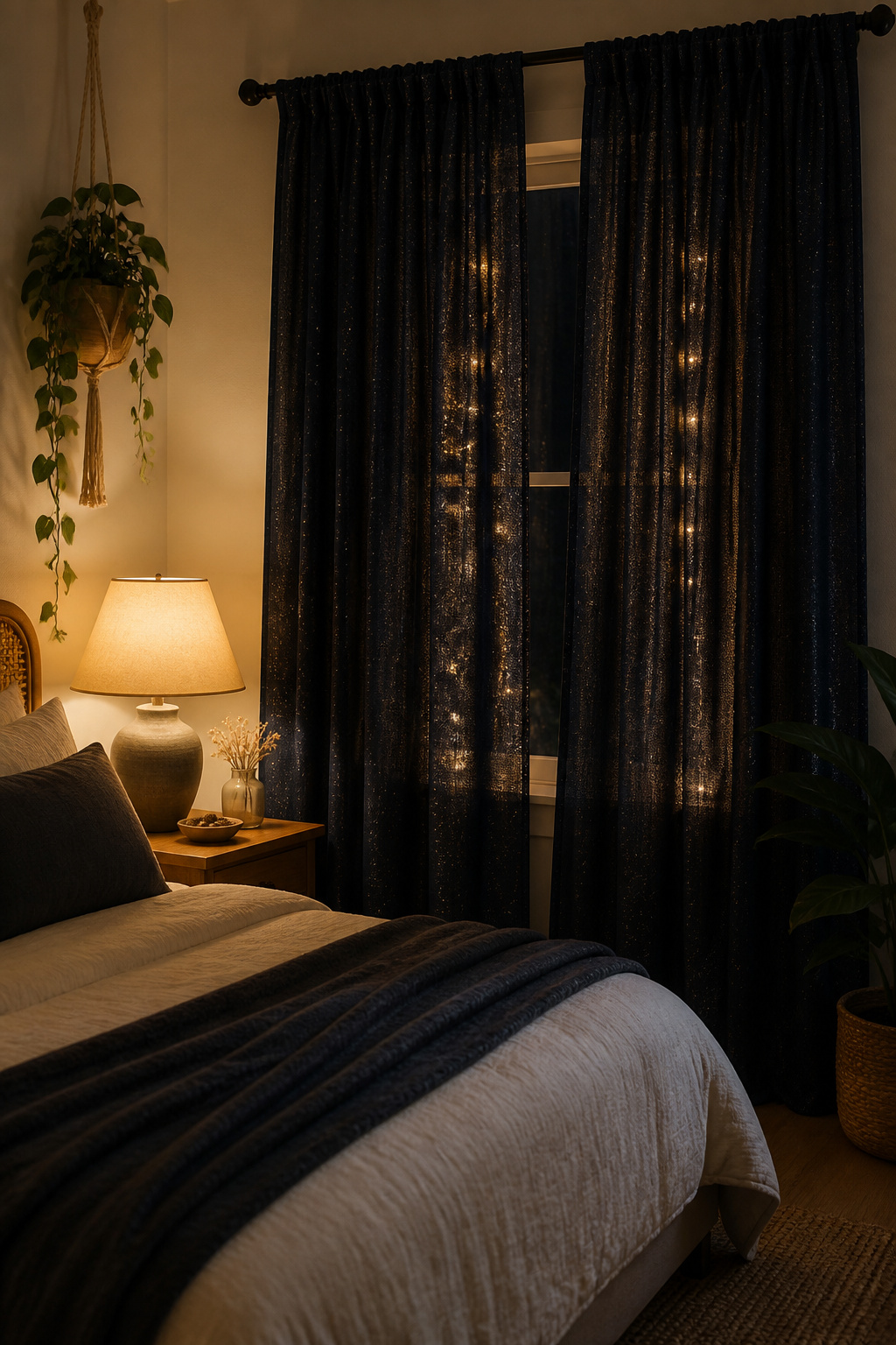 Navy curtains interspersed with metallic threads hang in a cozy bedroom.