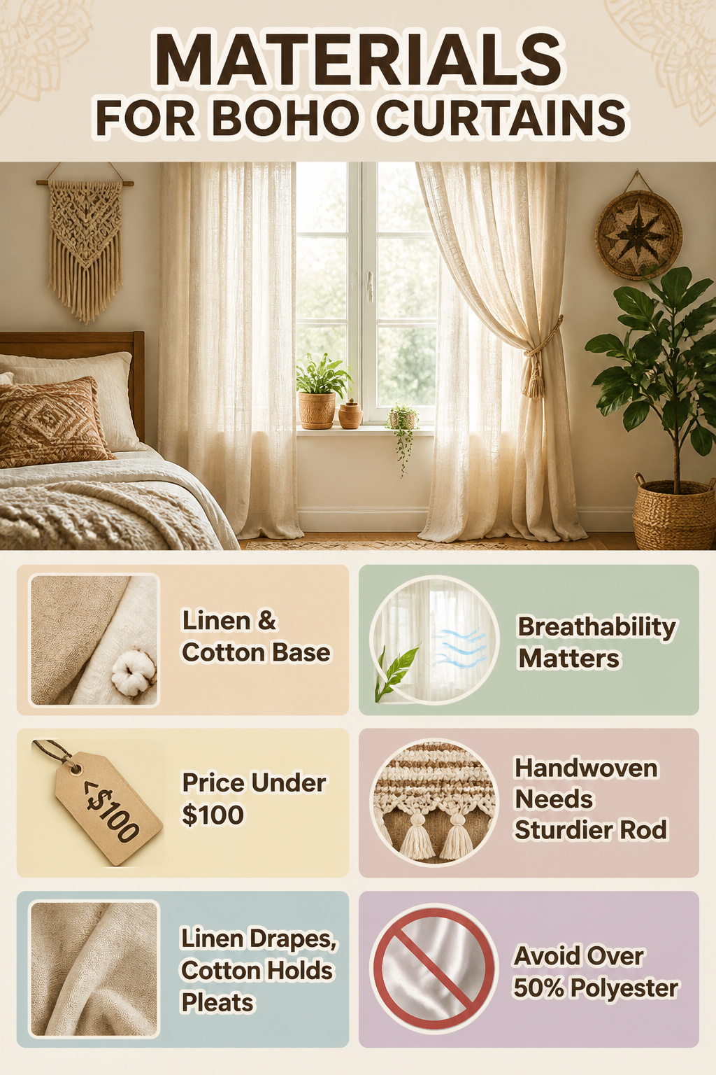 An image showing materials for boho curtains, including linen and cotton.