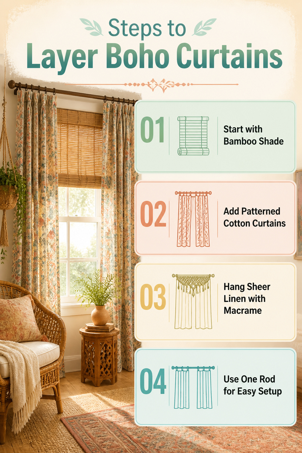 Steps to layer boho curtains with a bamboo shade as the base.