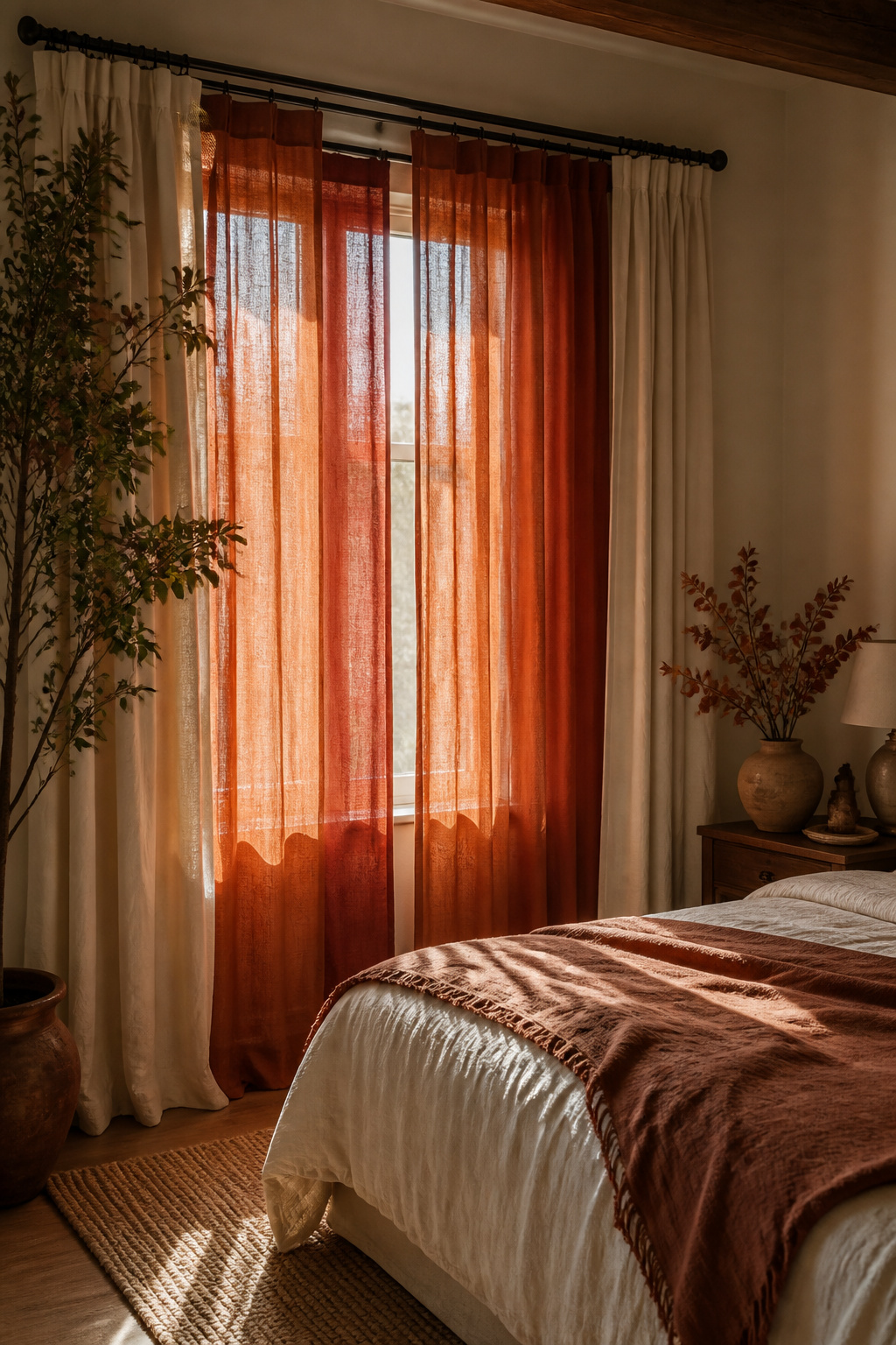 Three layers of curtains in warm colors frame a window in a bedroom.
