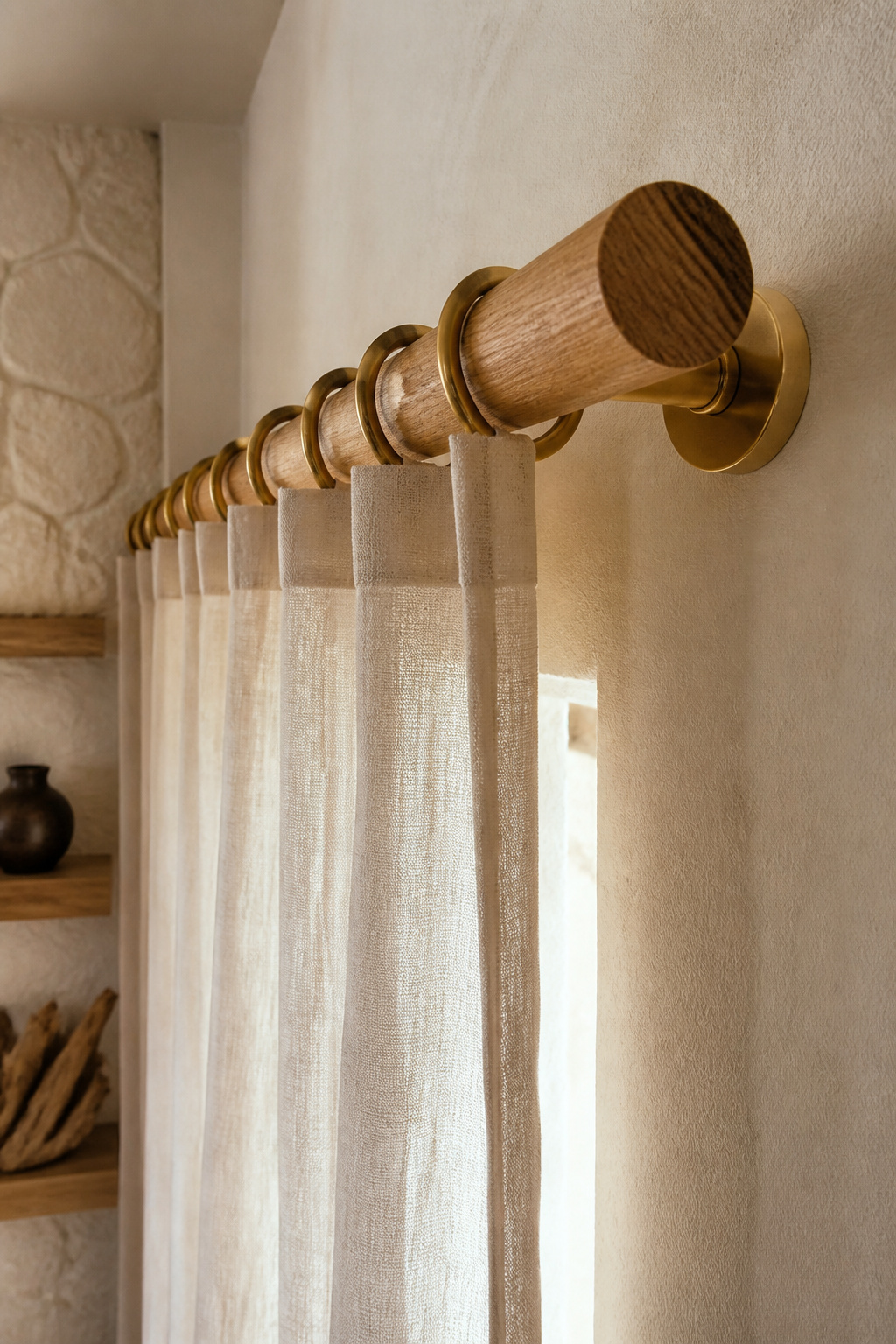 A close-up of an oak curtain rod mounted with magnetic brackets.