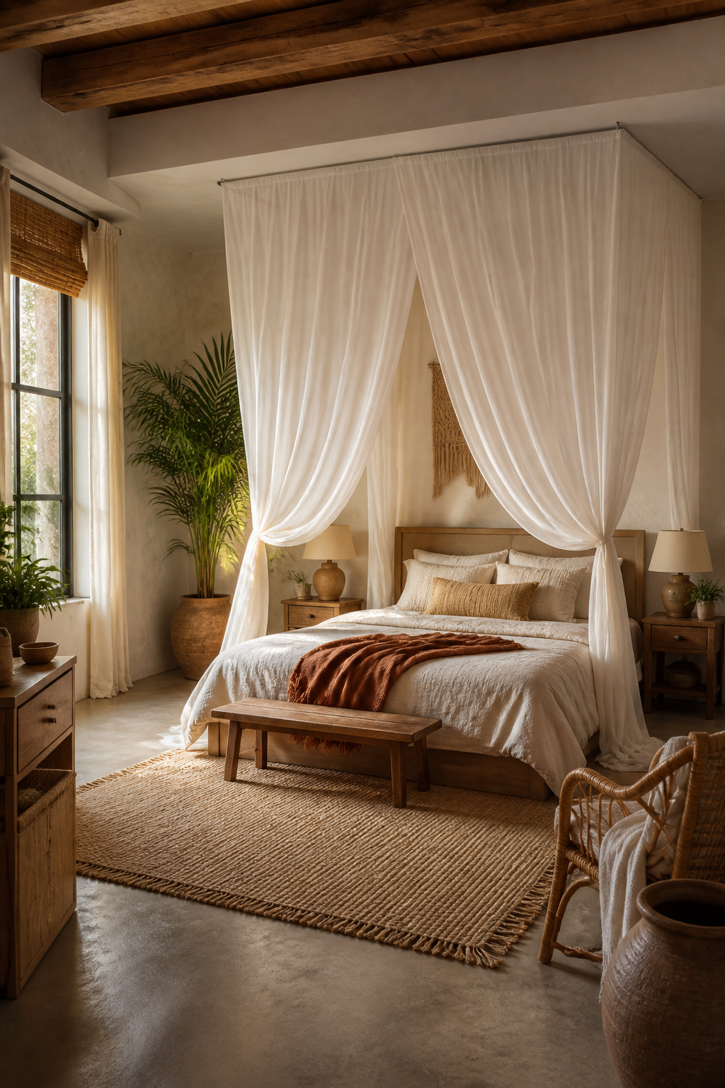 White sheer curtains drape overhead in a boho bedroom.