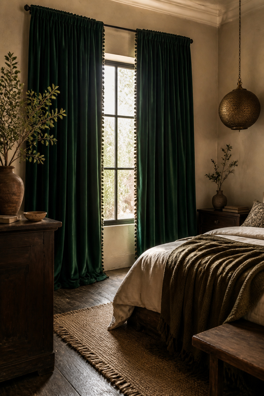 Emerald velvet curtains with bullion fringe hang in a boho bedroom.