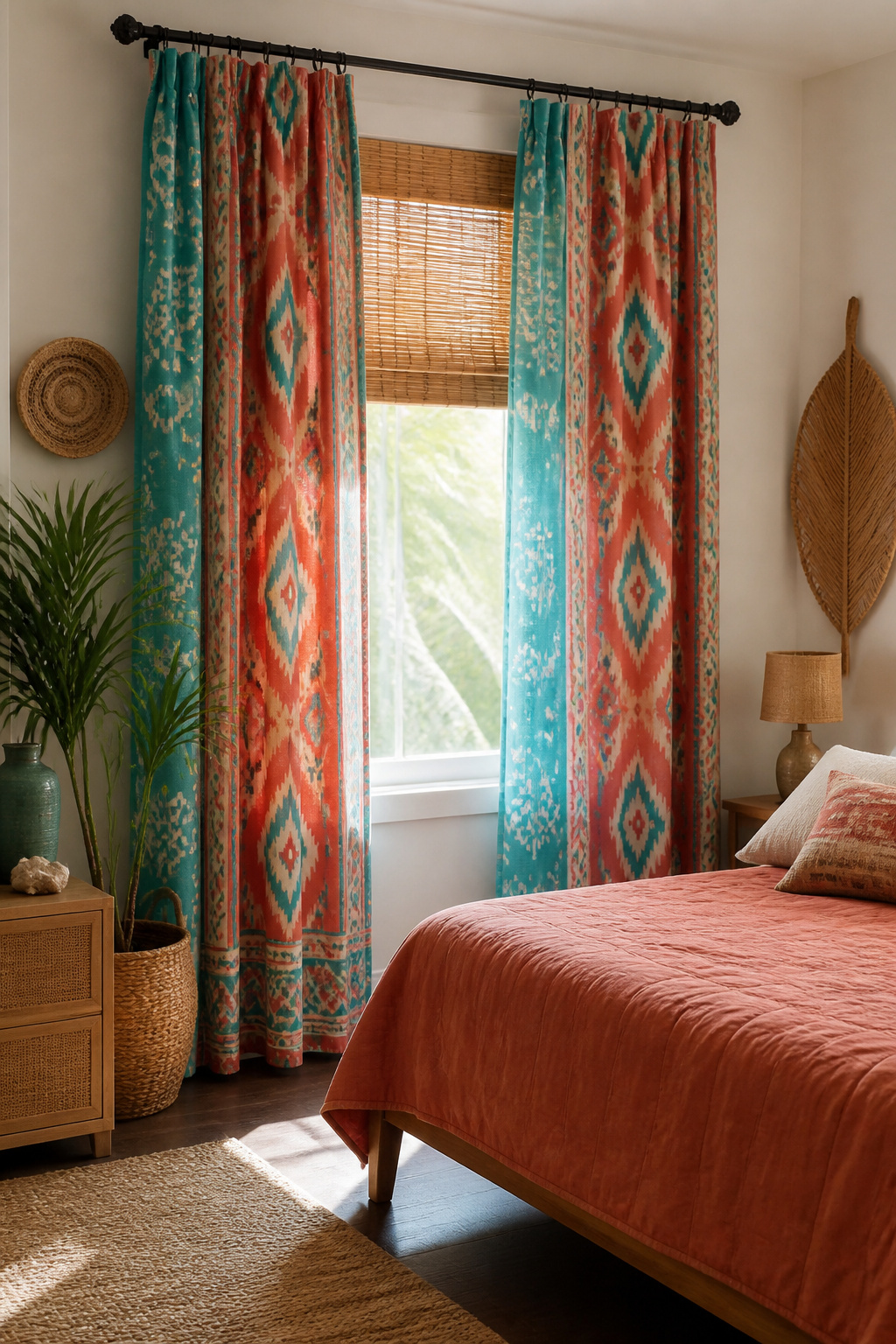 Ikat and batik curtains in coral and turquoise hang against a white wall.